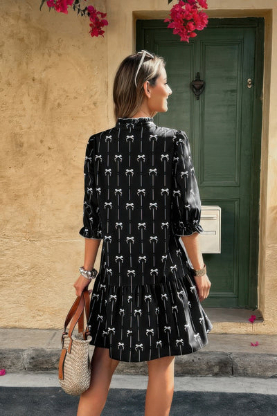 A Line Bow Ruffle V Neck Loose Fit Dress - Fashions Envy