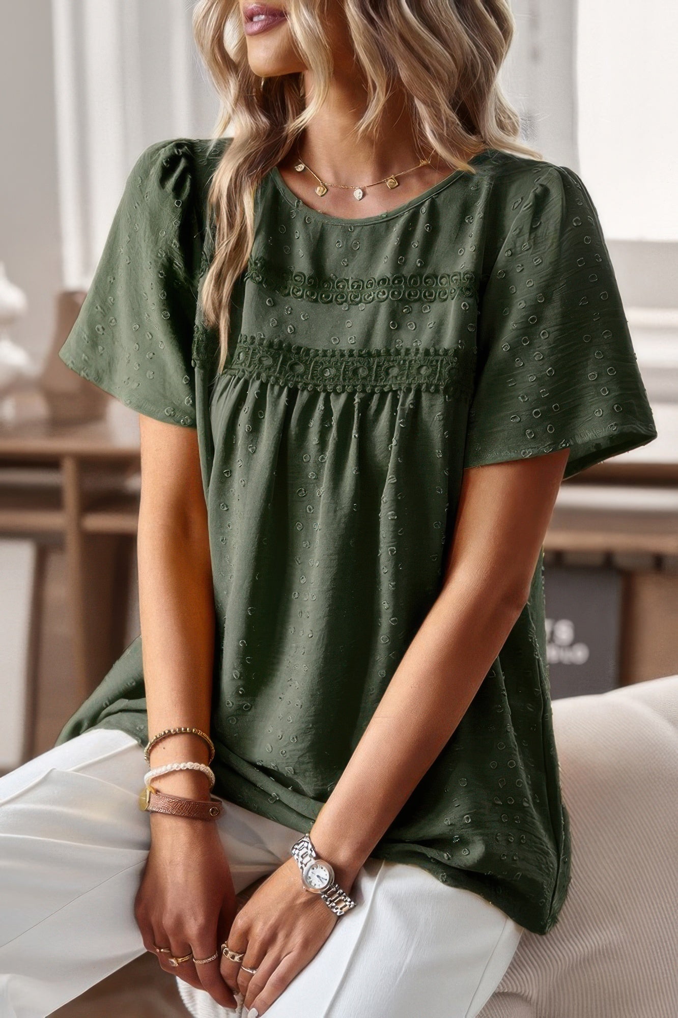 CCWHOLESALECLOTHING plus size solid short sleeve top in olive eyelet fabric with gathered yoke and relaxed fit
