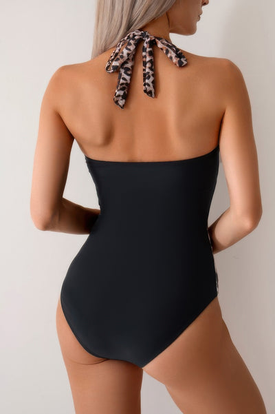 Deep V-Neck One-Piece - Bodycon Printed Halter Swimsuit - Fashions Envy