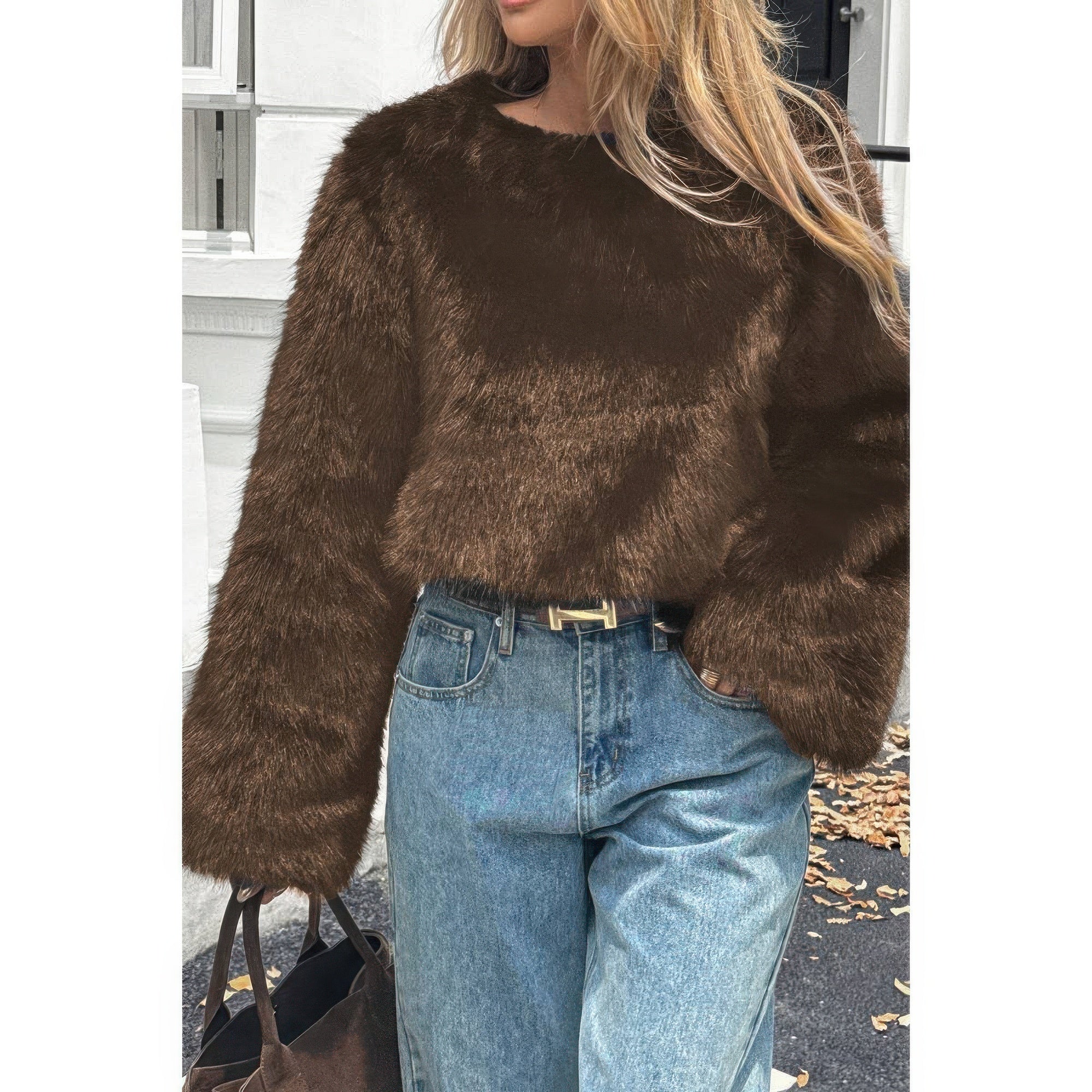 Solid Brown Faux Fur Back Hide Zipper Pullover Coat - Fashions Envy