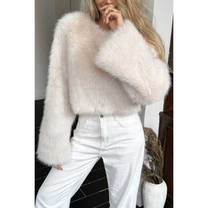Solid Faux Fur Back Hide Zipper Pullover Coat - Fashions Envy