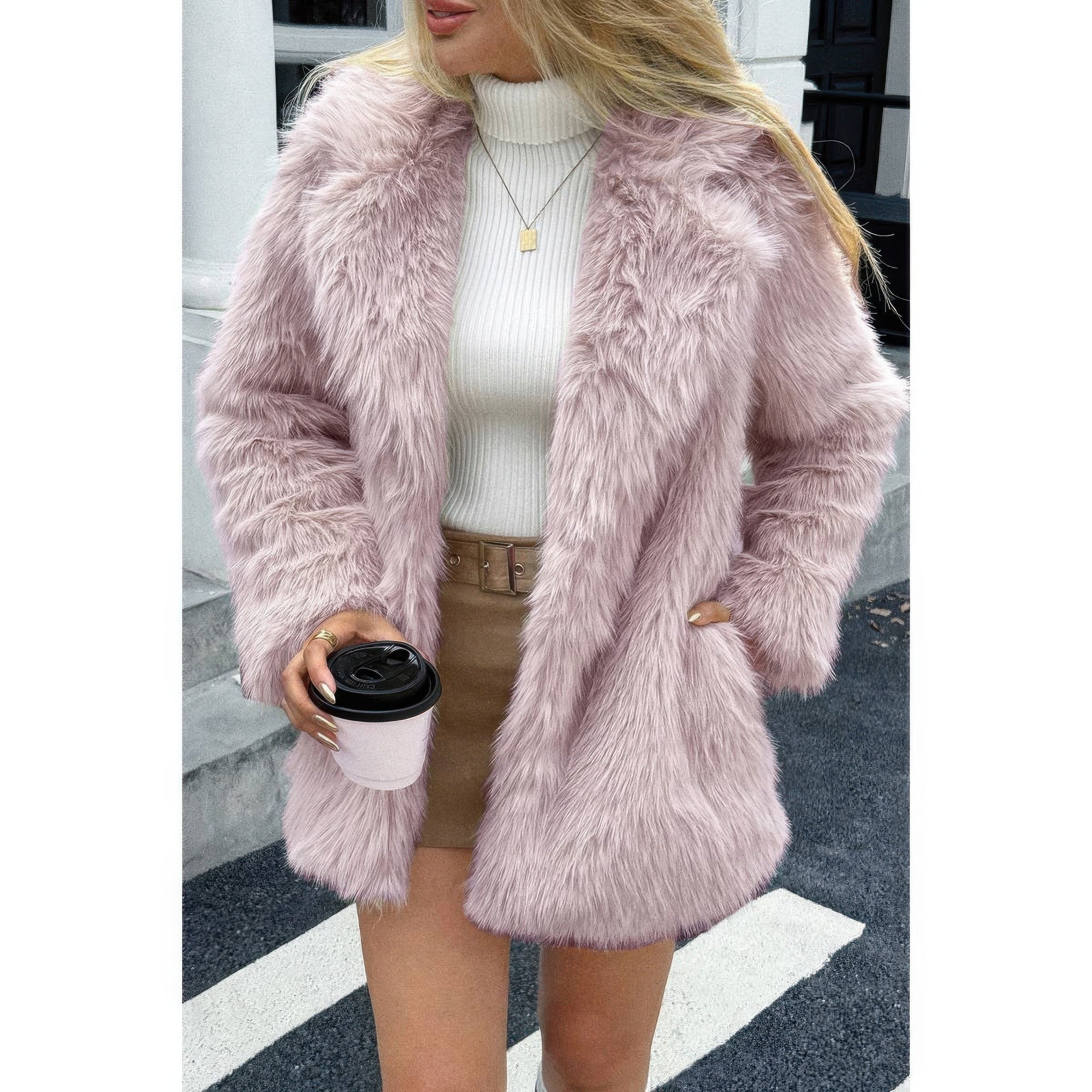Faux Fur Fuzzy Fleece Lapel Open Front Coat - Fashions Envy