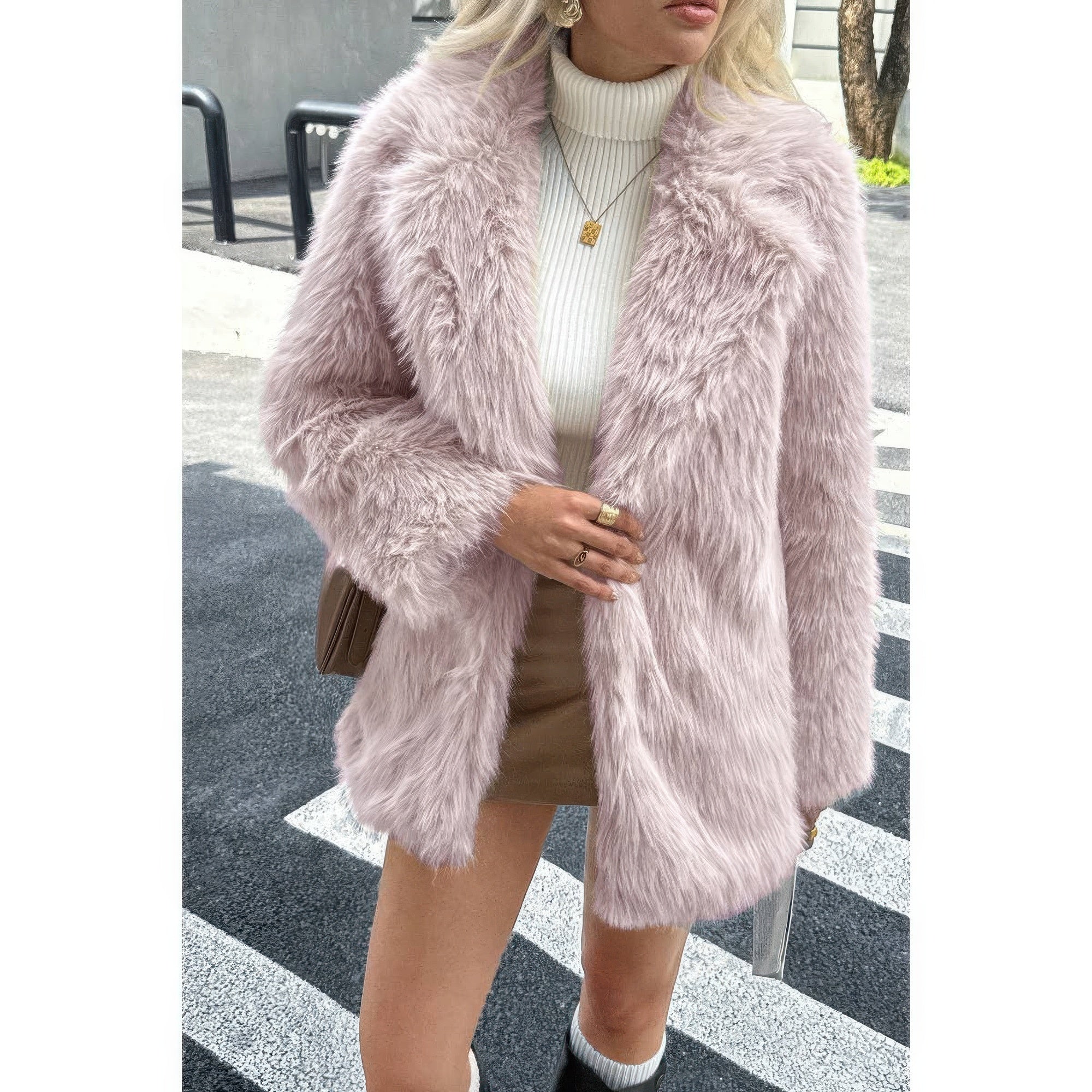 Faux Fur Fuzzy Fleece Lapel Open Front Coat - Fashions Envy