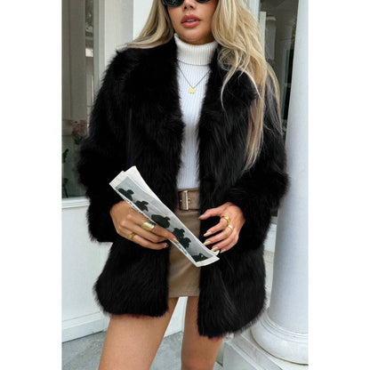 Faux Fur Fuzzy Fleece Lapel Open Front Coat - Fashions Envy