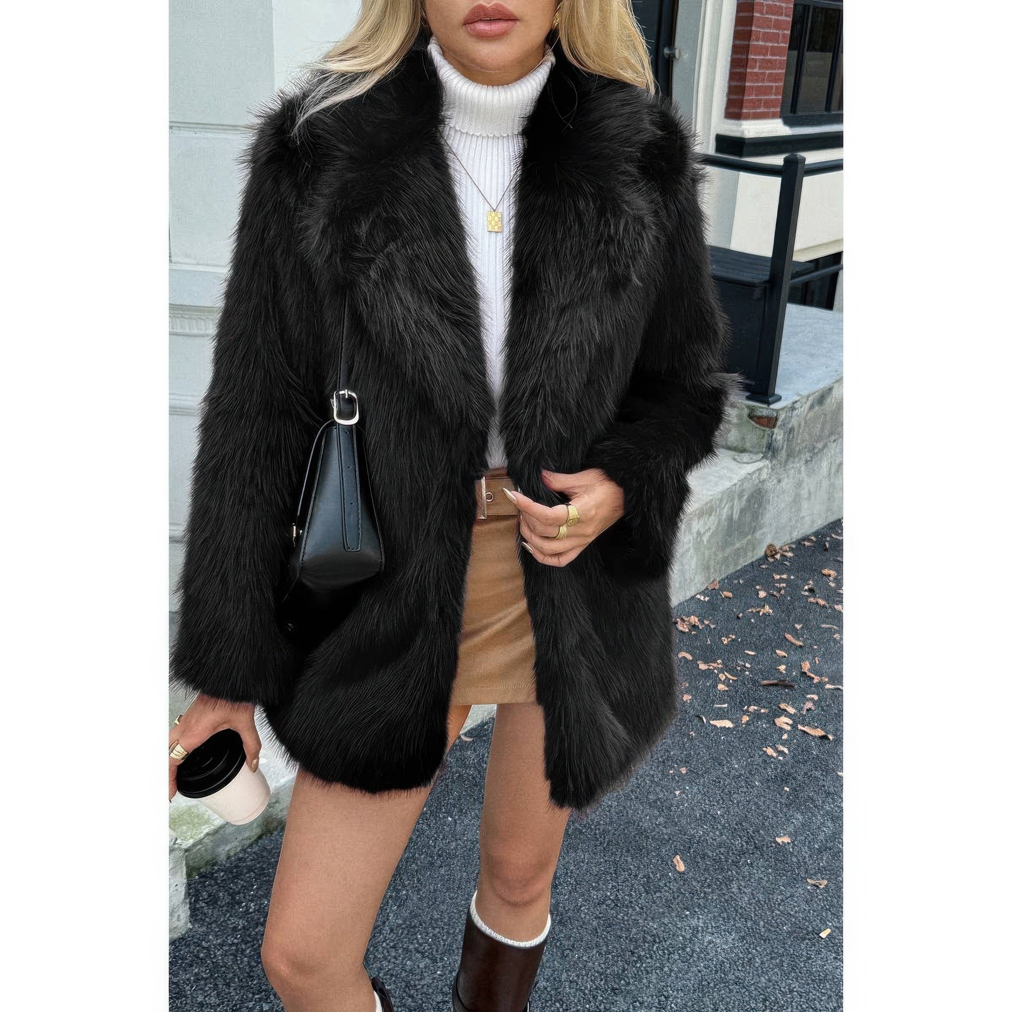Faux Fur Fuzzy Fleece Lapel Open Front Coat - Fashions Envy