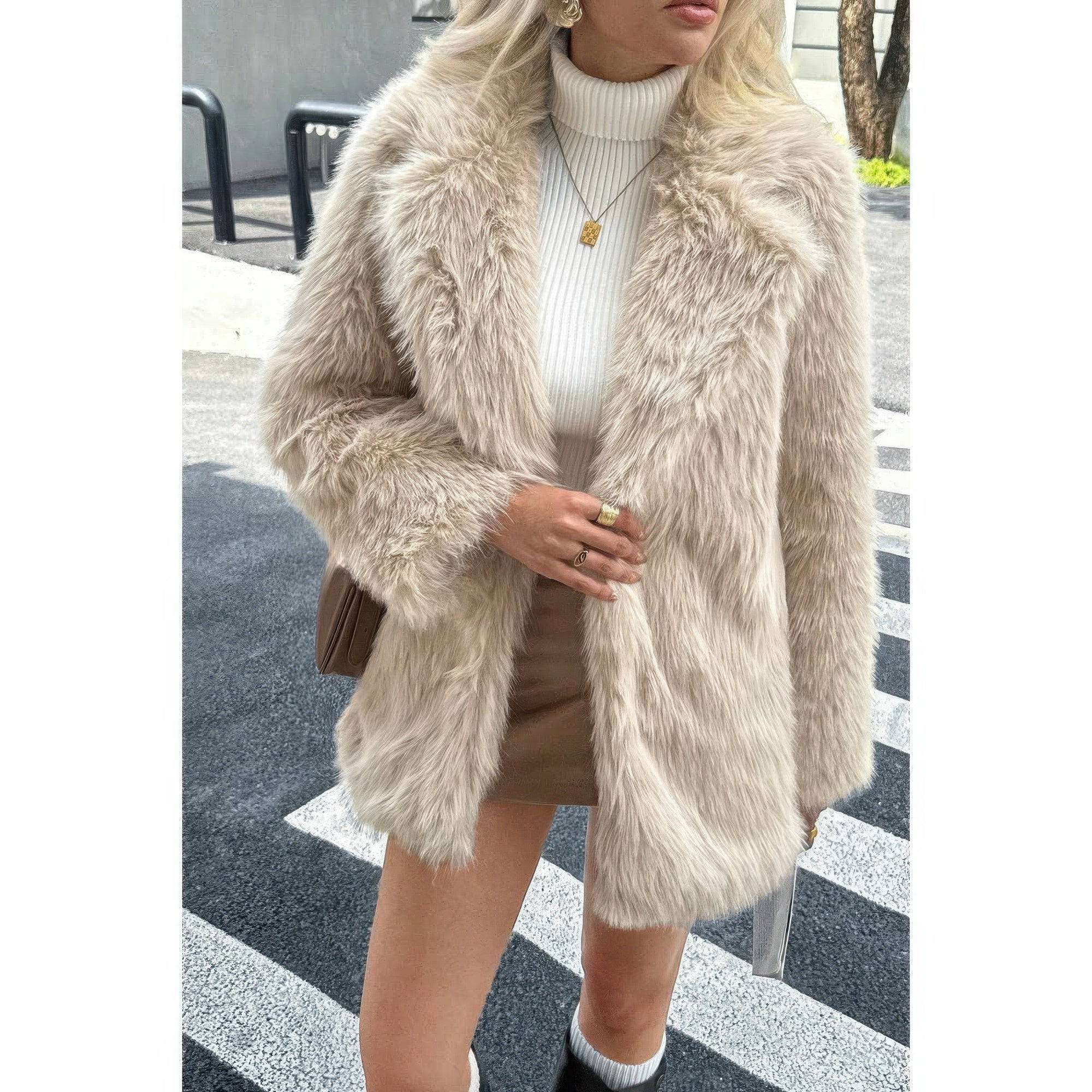 Faux Fur Fuzzy Fleece Lapel Open Front Coat - Fashions Envy