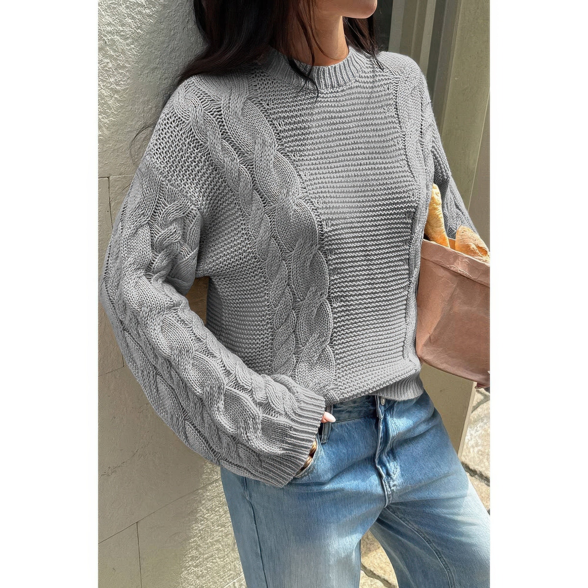 Solid Round Neck Cable Knit Pullover Sweater - Fashions Envy