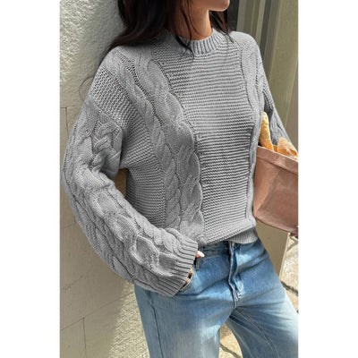 Solid Round Neck Cable Knit Pullover Sweater - Fashions Envy