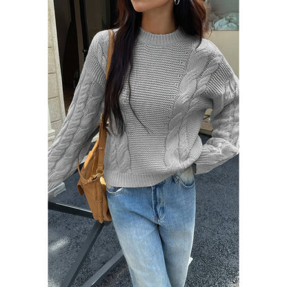Solid Round Neck Cable Knit Pullover Sweater - Fashions Envy