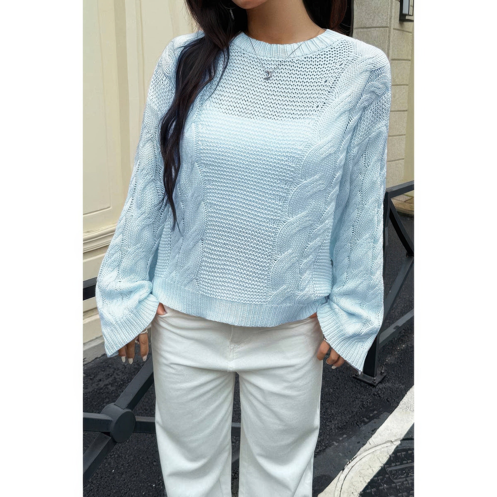 Solid Round Neck Cable Knit Pullover Sweater - Fashions Envy