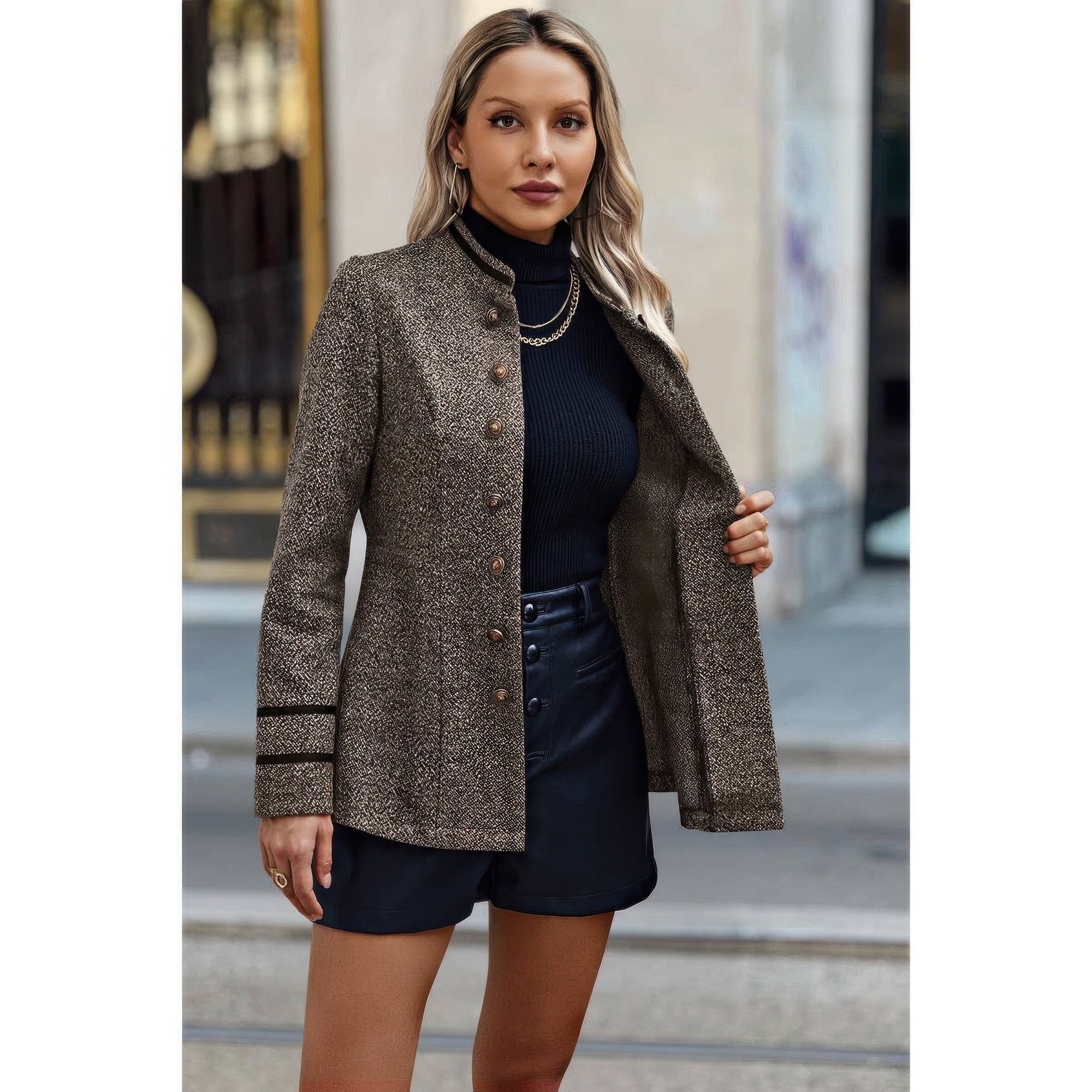 Solid Decorative Button Stand Collar Jacket - Fashions Envy