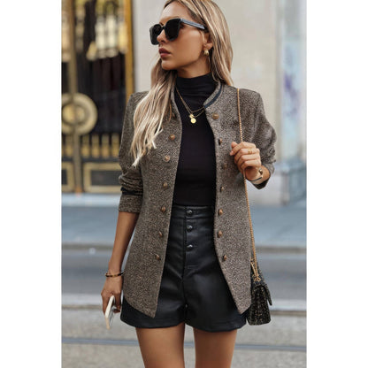 Solid Decorative Button Stand Collar Jacket - Fashions Envy