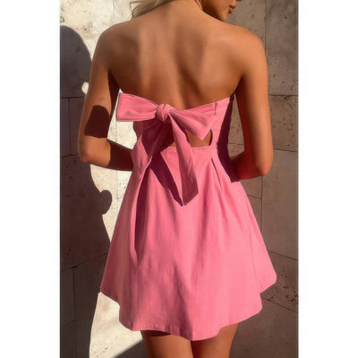 Off Shoulder Open Back Mini Dress - Knot Pleated Dress