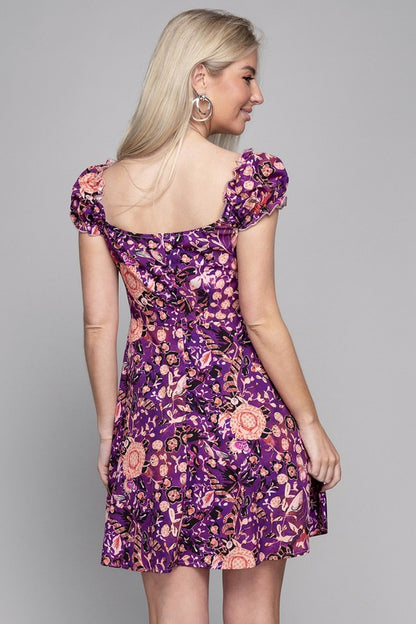 Purple Floral Print Puff Sleeve Mini Dress