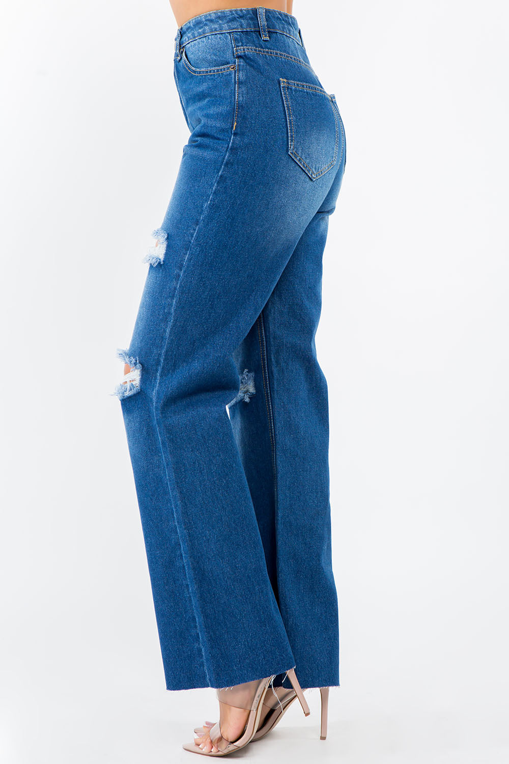 High Waist Distressed Wide Leg Denim Blue Jeans