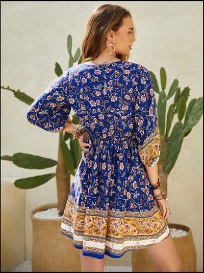 Indigo Blue Printed V-Neck Mini Dress