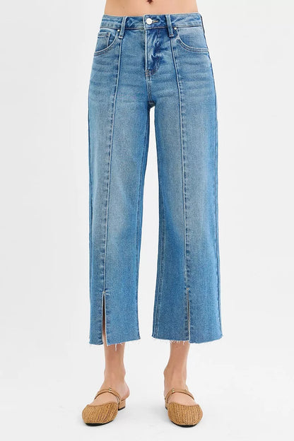 RISEN Crop Wide Leg Jeans - Tummy Control Mid Rise Front Slit - Fashions Envy