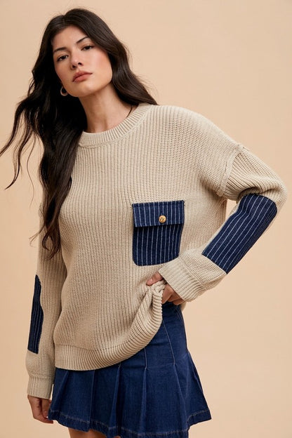 Khaki Contrast Round Neck Drop Shoulder Sweater with Patch Pocket