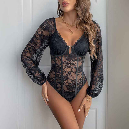 V-Neck Lace Bodysuit - Long Sleeve Sheer Style - Fashions Envy