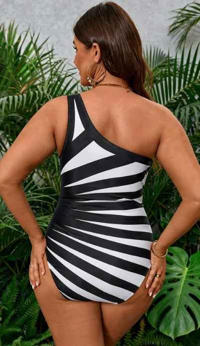 Striped Plus Size One Piece Swimsuit - Scoop Neck Sleeveless