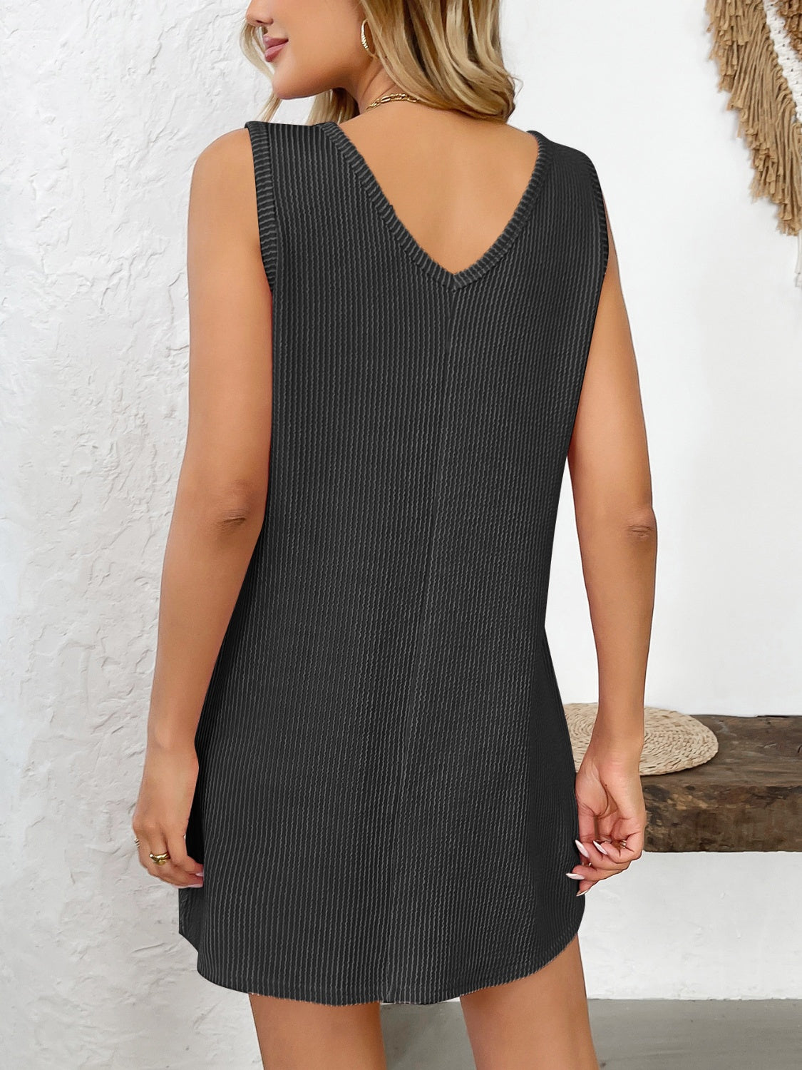 Texture Pocketed V-Neck Tank Mini Dress