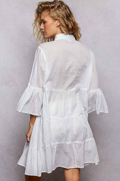 POL Floral Sequin Embroidered Mini Tiered Shirt Dress