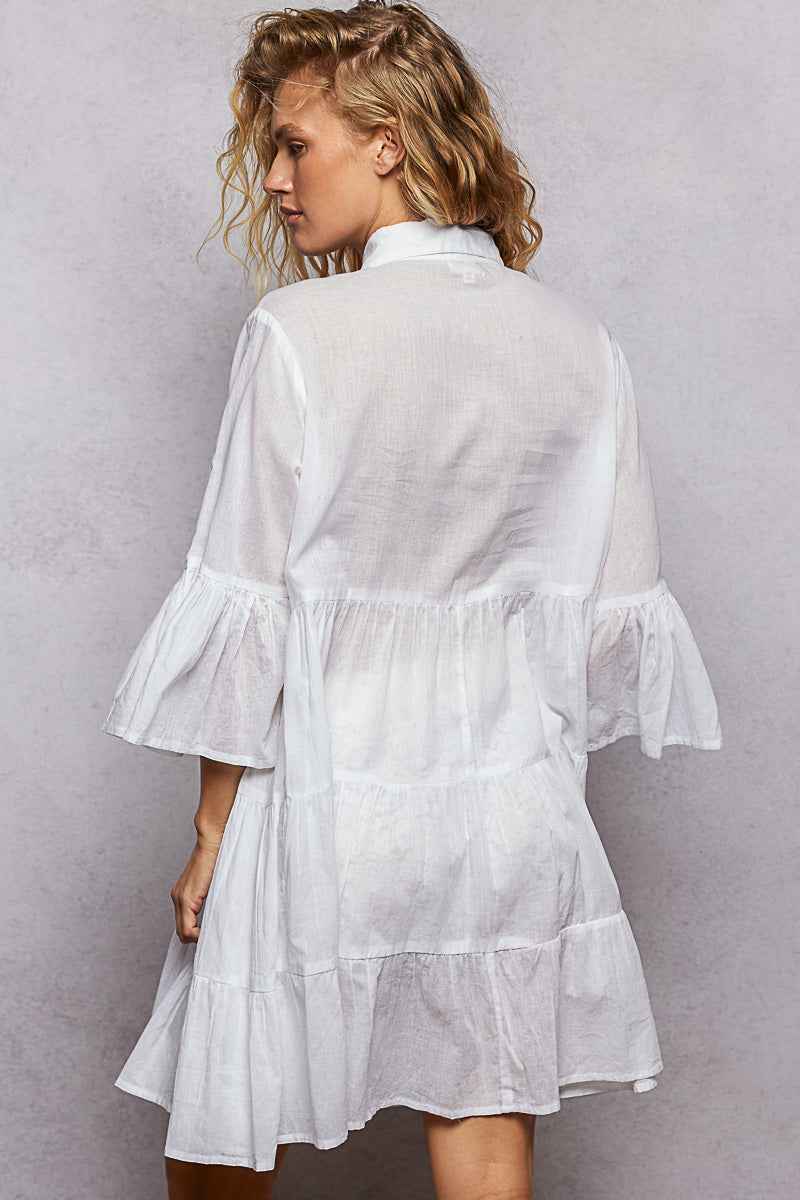 POL Floral Sequin Embroidered Mini Tiered Shirt Dress