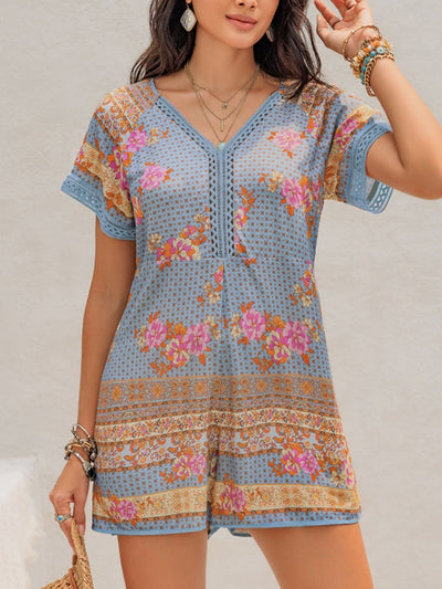 Printed V-Neck Short Sleeve Light Blue Romper