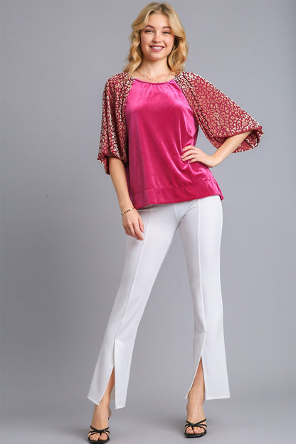 Raspberry Round Neck Leopard Balloon Sleeve Velvet Top