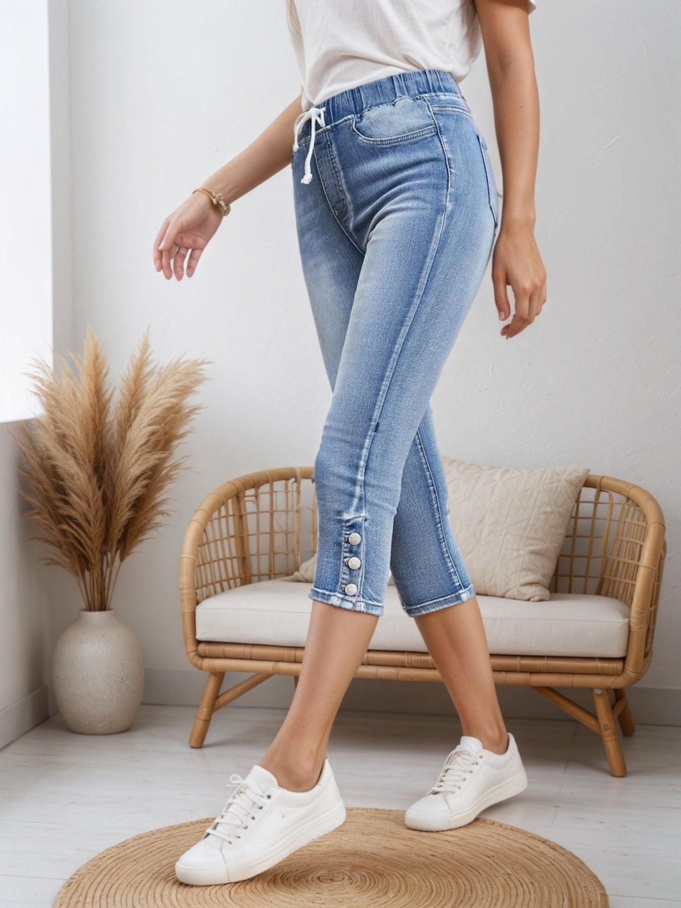Drawstring Capri Jeans - Split Button Hem Style - Fashions Envy