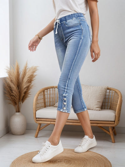 Drawstring Capri Jeans - Split Button Hem Style - Fashions Envy