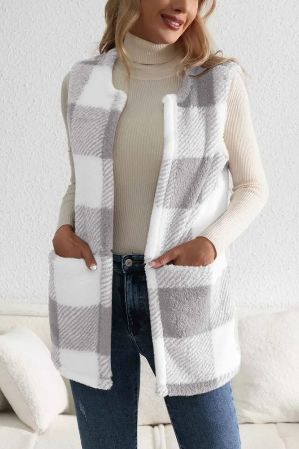 Sherpa Plaid Open Front Vest Coat - Fashions Envy