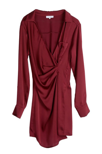 Satin Collared Long Sleeve Wrap Mini Dress