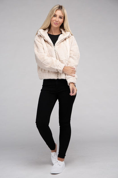 Fluffy Zip-Up Drawstring Teddy Hoodie