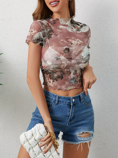Abstract Print Ruffled Mock Neck Crop T-Shirt - Fashions Envy