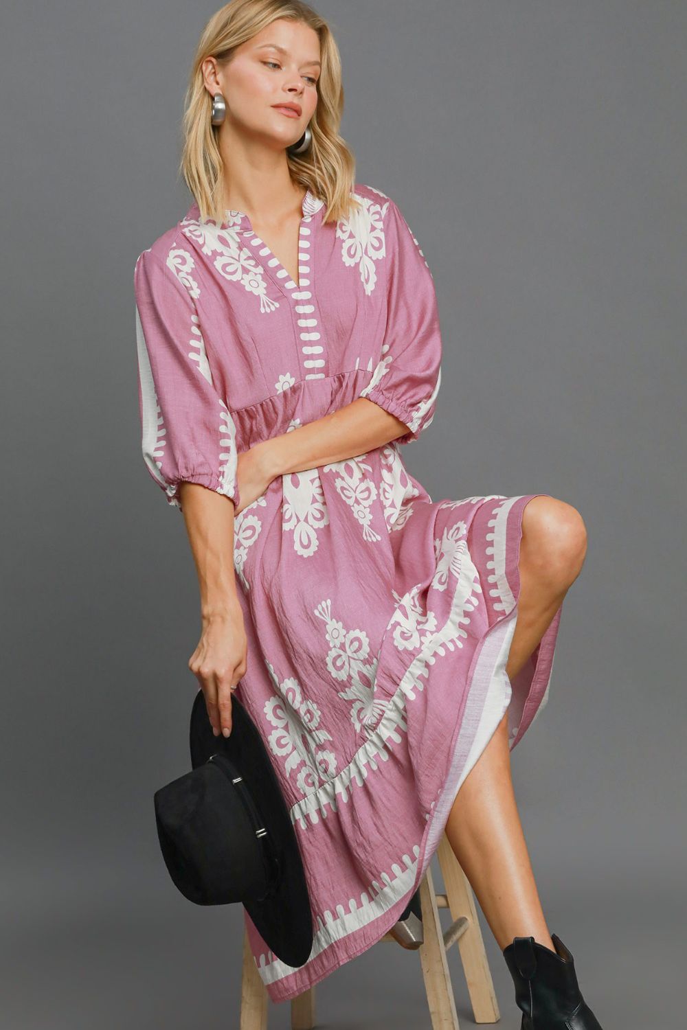 Light Mauve Printed Notched 3/4 Sleeve Midi Dress