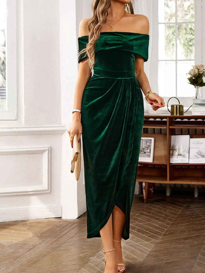 Velvet Off-Shoulder Midi Dress - Ruched Bodycon Slit - Fashions Envy