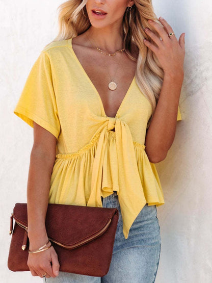 Tied Plunge V-neck Short Sleeve Blouse