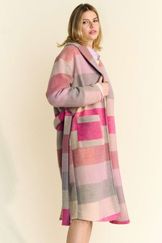 Hot Pink Multicolor Tied Color Block Collared Neck Coat