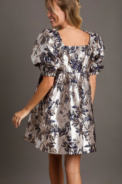 Silver-Navy Metallic Jacquard Puff Sleeve Dress