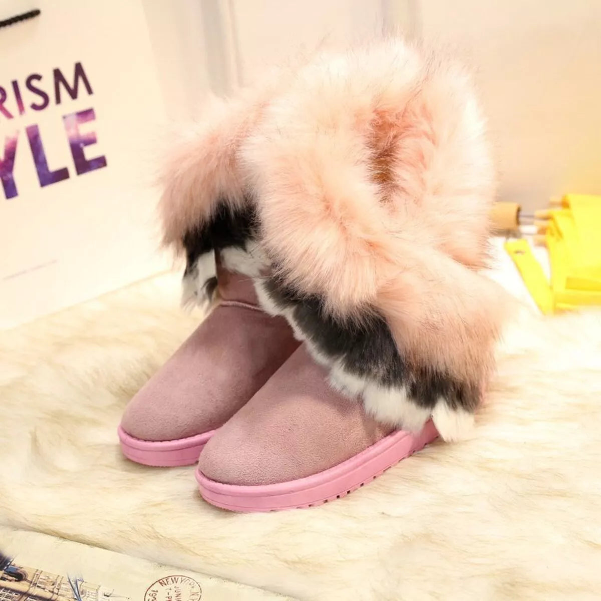Fluffy Fur Cuff Round Toe Boots - Fashions Envy