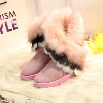 Fluffy Fur Cuff Round Toe Boots - Fashions Envy