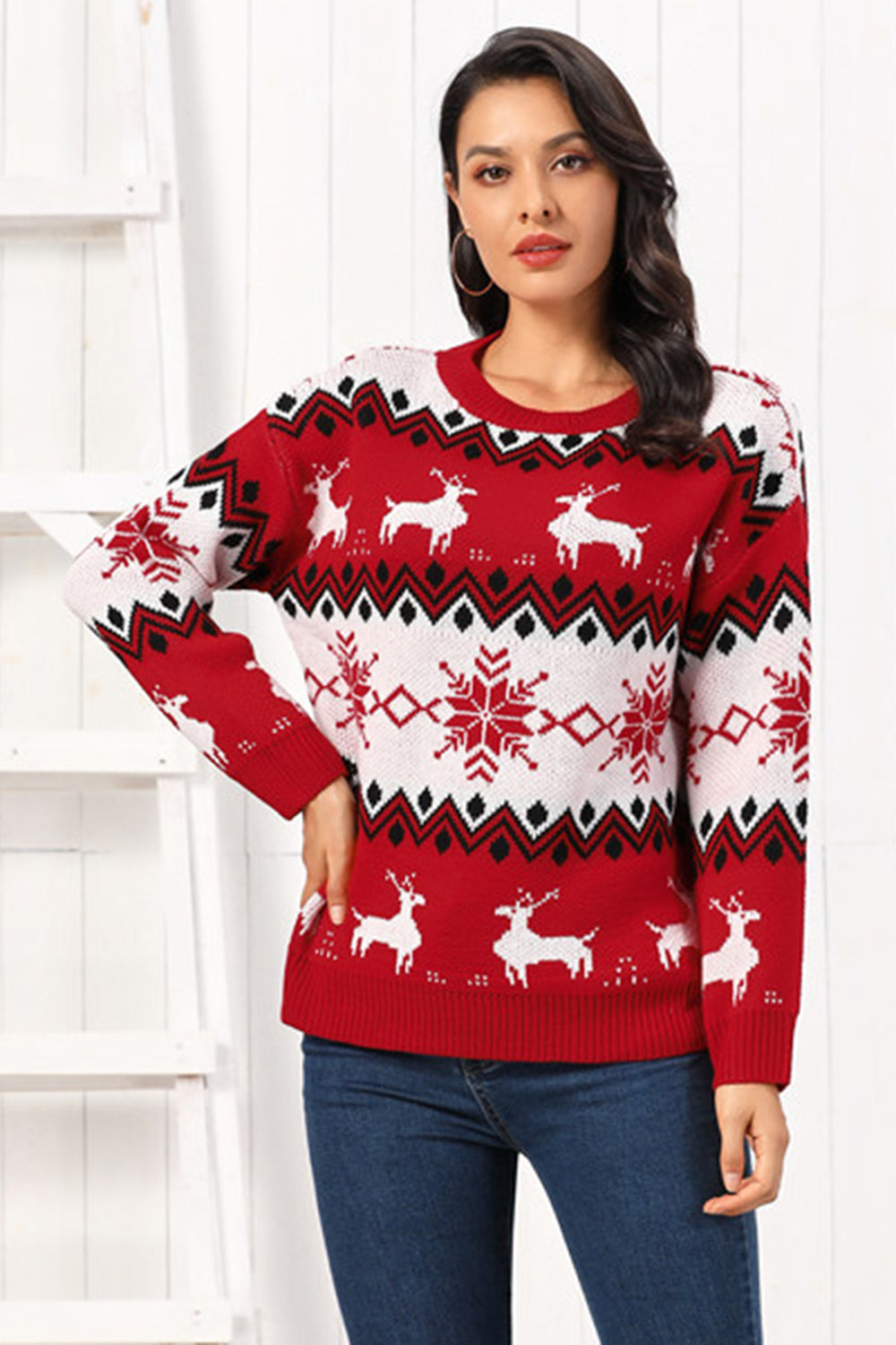 Reindeer Round Neck Sweater - Fashions Envy