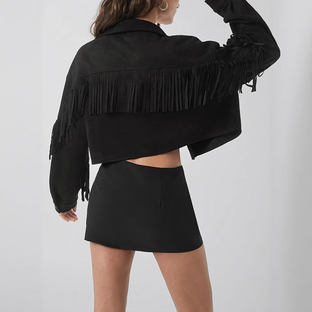 Women's Black Long Sleeve Fringe Jacket - Casual Elegant Coat