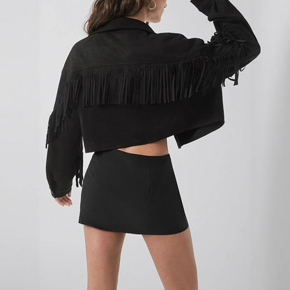 Women's Black Long Sleeve Fringe Jacket - Casual Elegant Coat