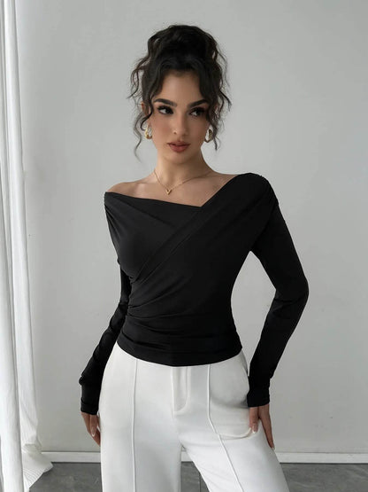 Asymmetrical Long Sleeve Blouse - Ruched Detail Top - Fashions Envy