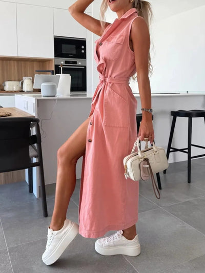 Button Front Sleeveless Denim Dress - Fashions Envy