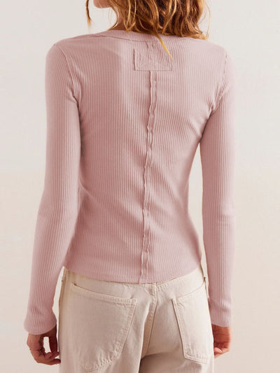 Ribbed Button-up Round Neck Long Sleeve Top