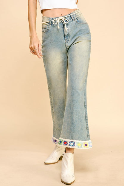 Crochet Trim Flare Jeans with Pockets