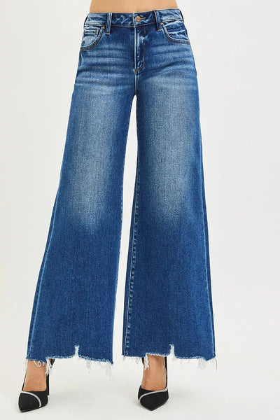 RISEN Wide Leg Jeans - Women's High Rise Distressed Hem - Fashions Envy